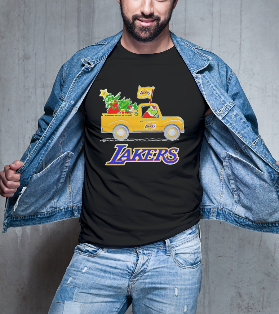 Grinch Driving Los Angeles Lakers Truck With Christmas Tree T-Shirt