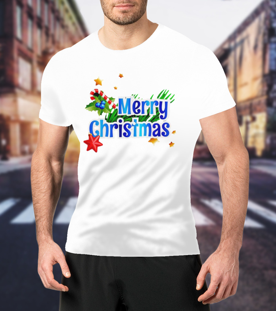 Merry Christmas Candy Cane Holly Pine Red Star T-Shirt