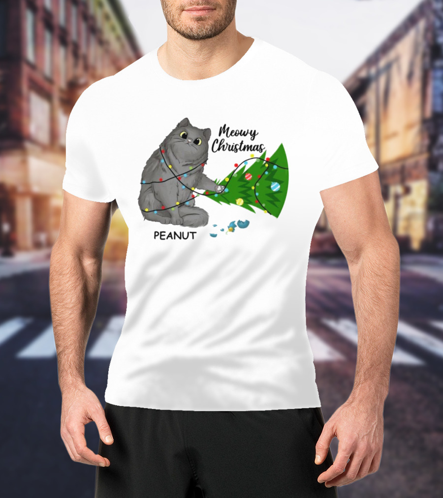 Meowy Christmas Cat Wrapped In Lights With Custom Name Peanut T-Shirt