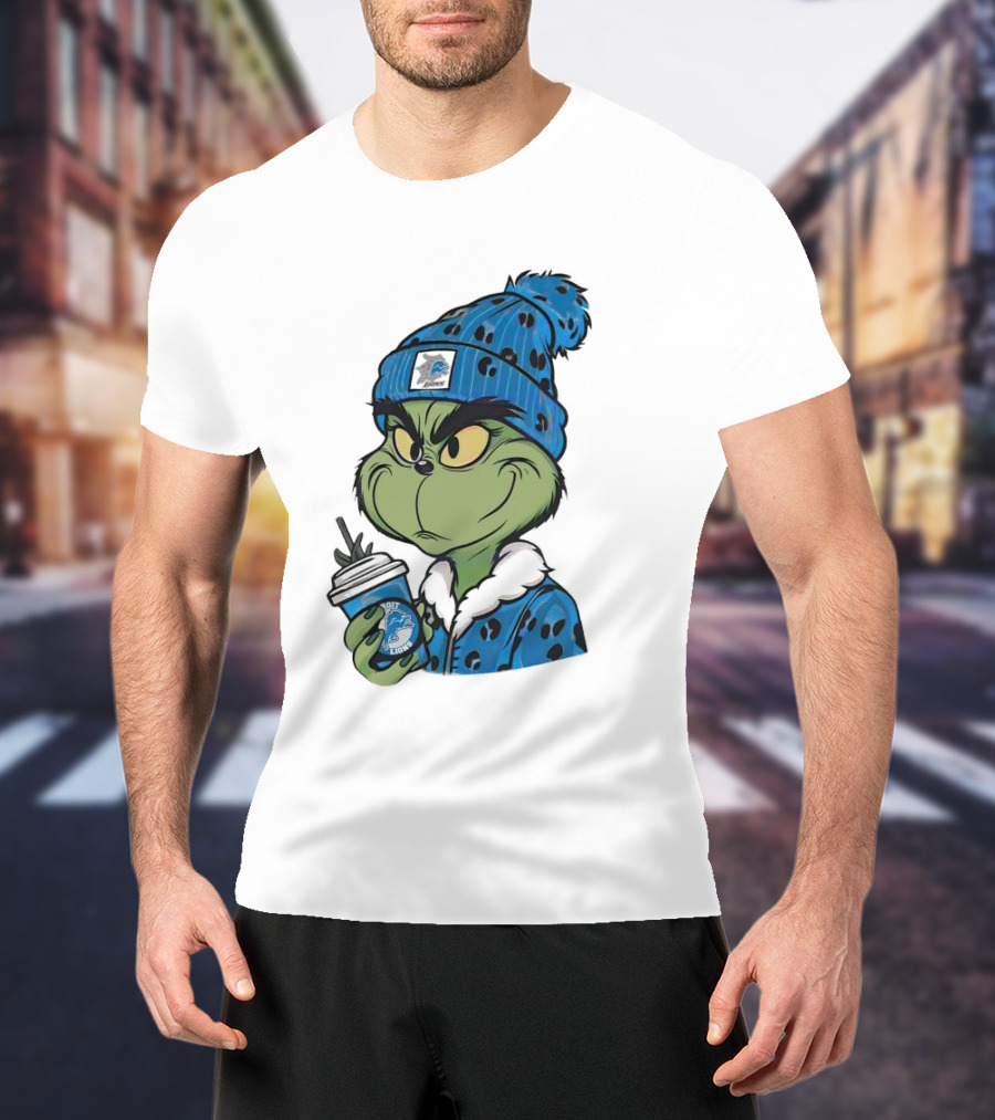 Grinch Wearing Detroit Lions Winter Outfit Holding Drink Christmas T-Shirt