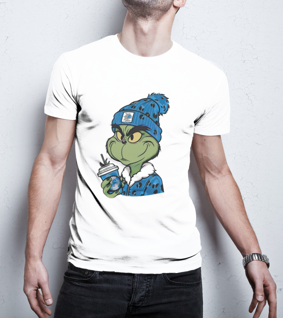 Grinch Wearing Detroit Lions Winter Outfit Holding Drink Christmas T-Shirt