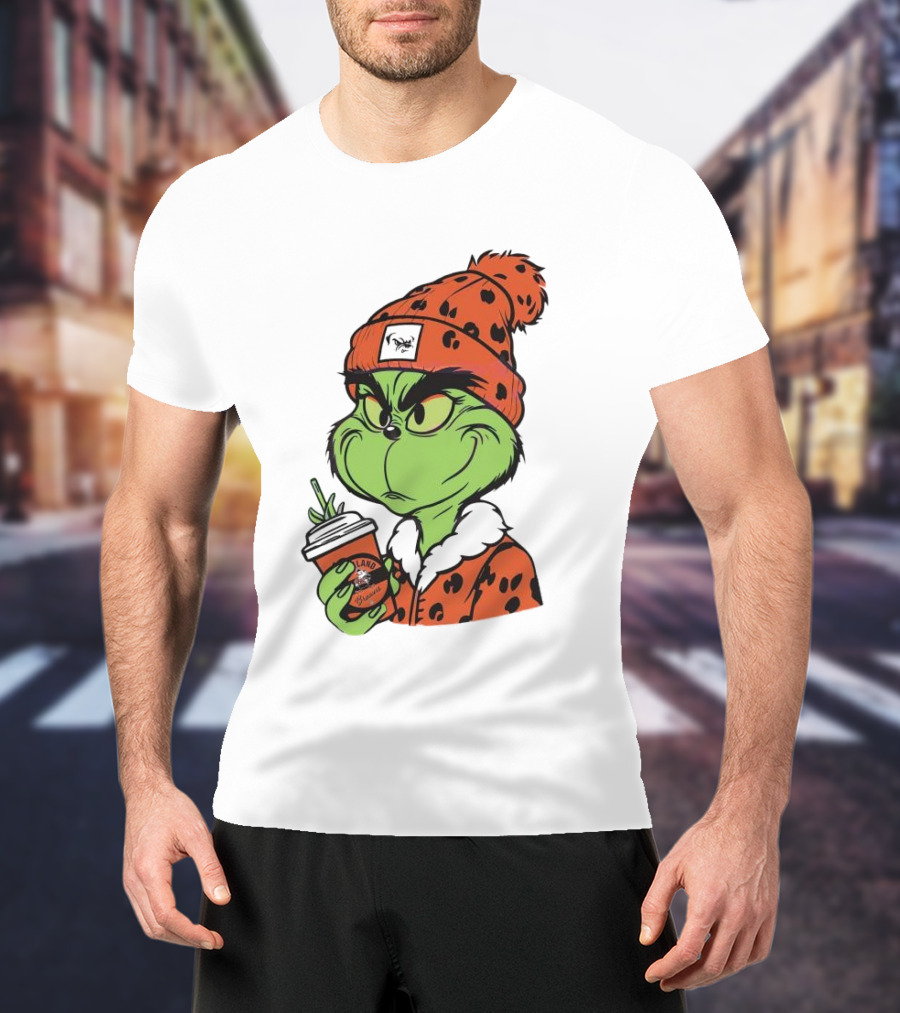 Grinch Wears Orange Beanie Holds Browns Mug Christmas T-Shirt