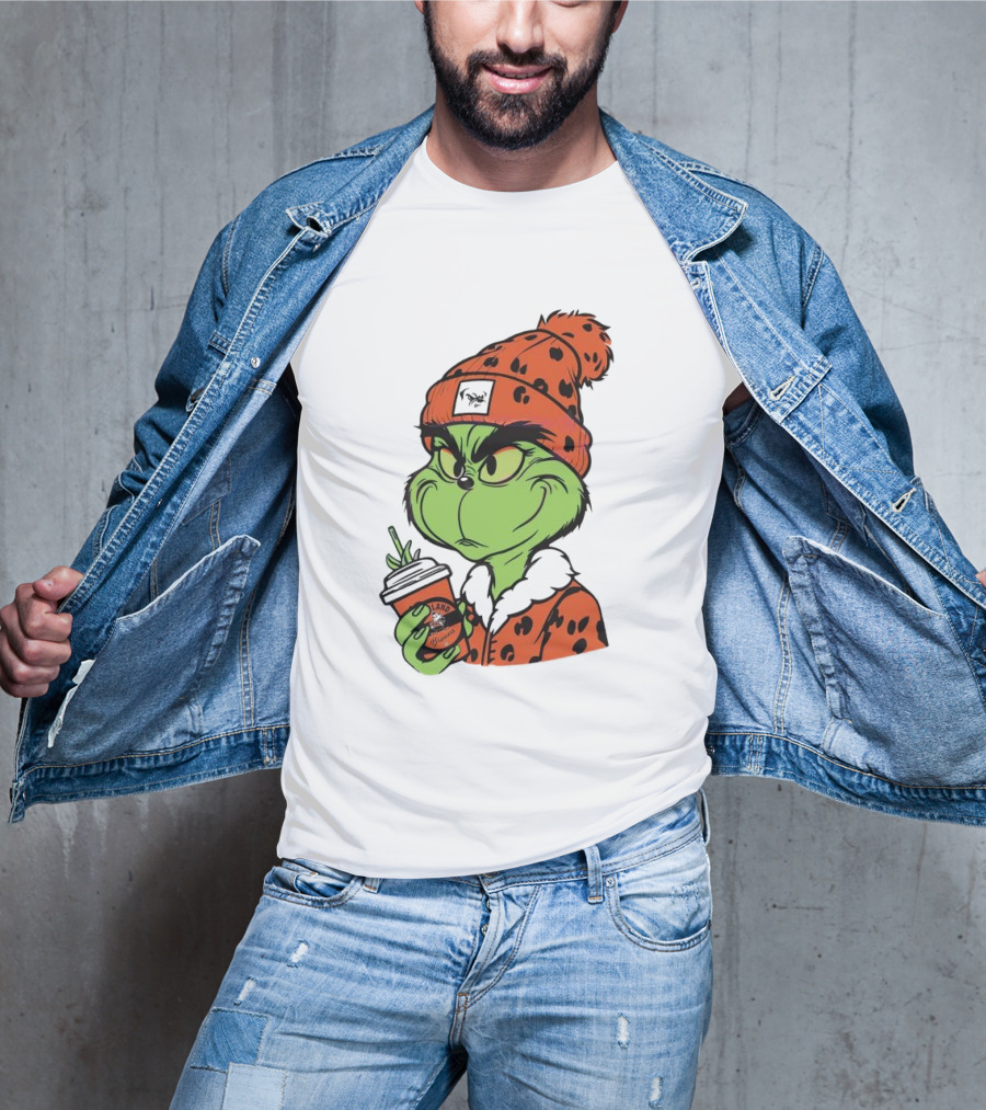 Grinch Wears Orange Beanie Holds Browns Mug Christmas T-Shirt