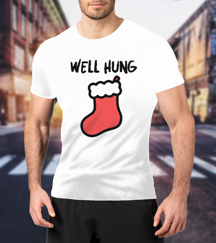 Well Hung Red Christmas Stocking Holiday Pun T-Shirt
