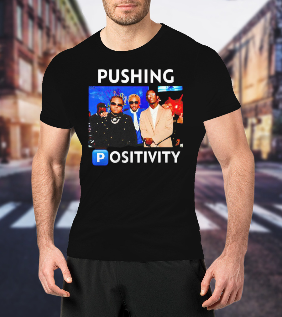 Pushing Positivity Iconic Trio With Blue Background T-Shirt