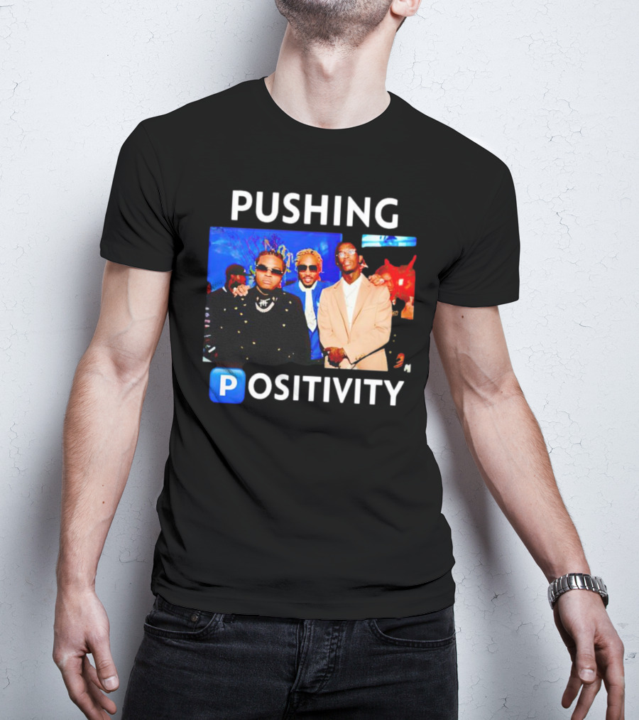 Pushing Positivity Iconic Trio With Blue Background T-Shirt