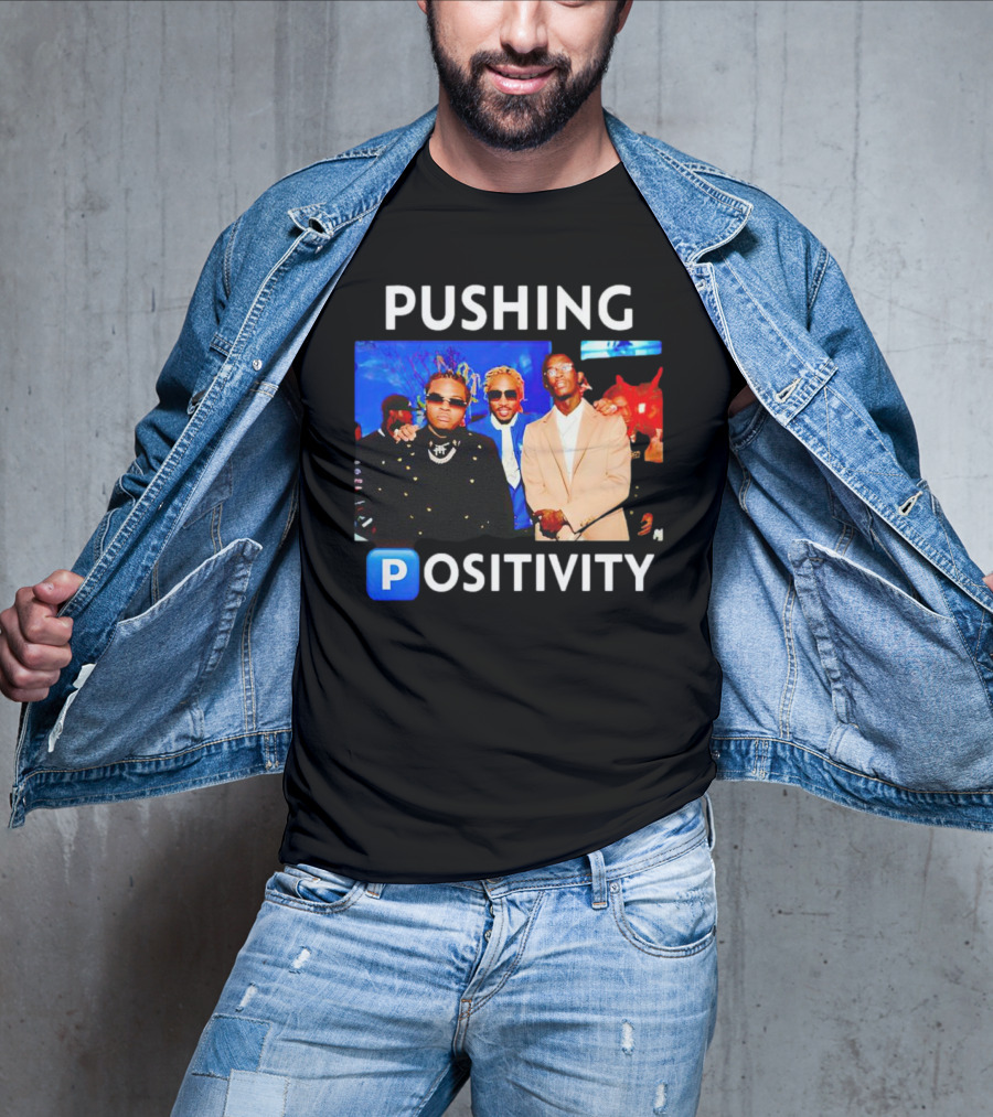 Pushing Positivity Iconic Trio With Blue Background T-Shirt