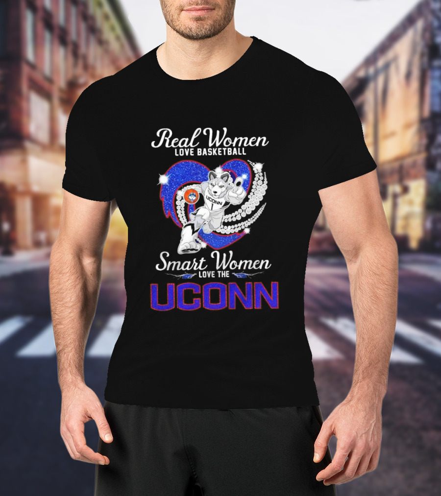 Real Women Love Basketball Smart Women Love The UConn Huskies UConn Basketball Fan Heart T-Shirt