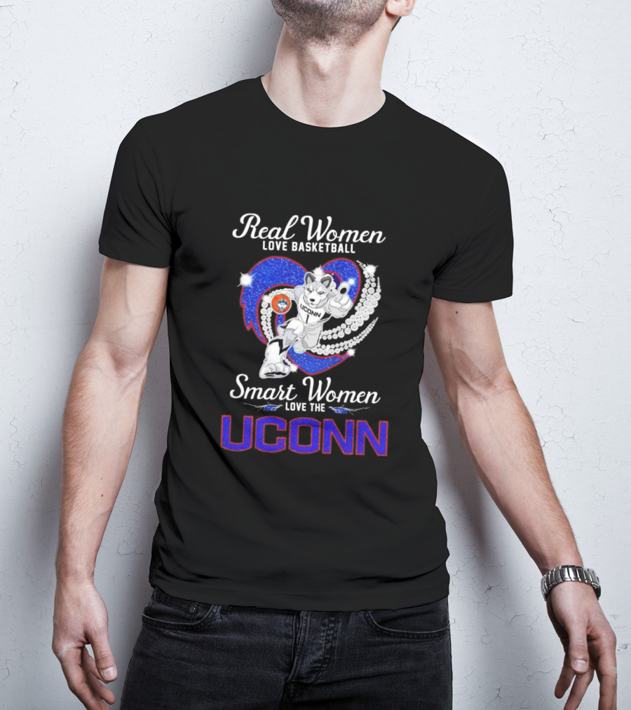Real Women Love Basketball Smart Women Love The UConn Huskies UConn Basketball Fan Heart T-Shirt