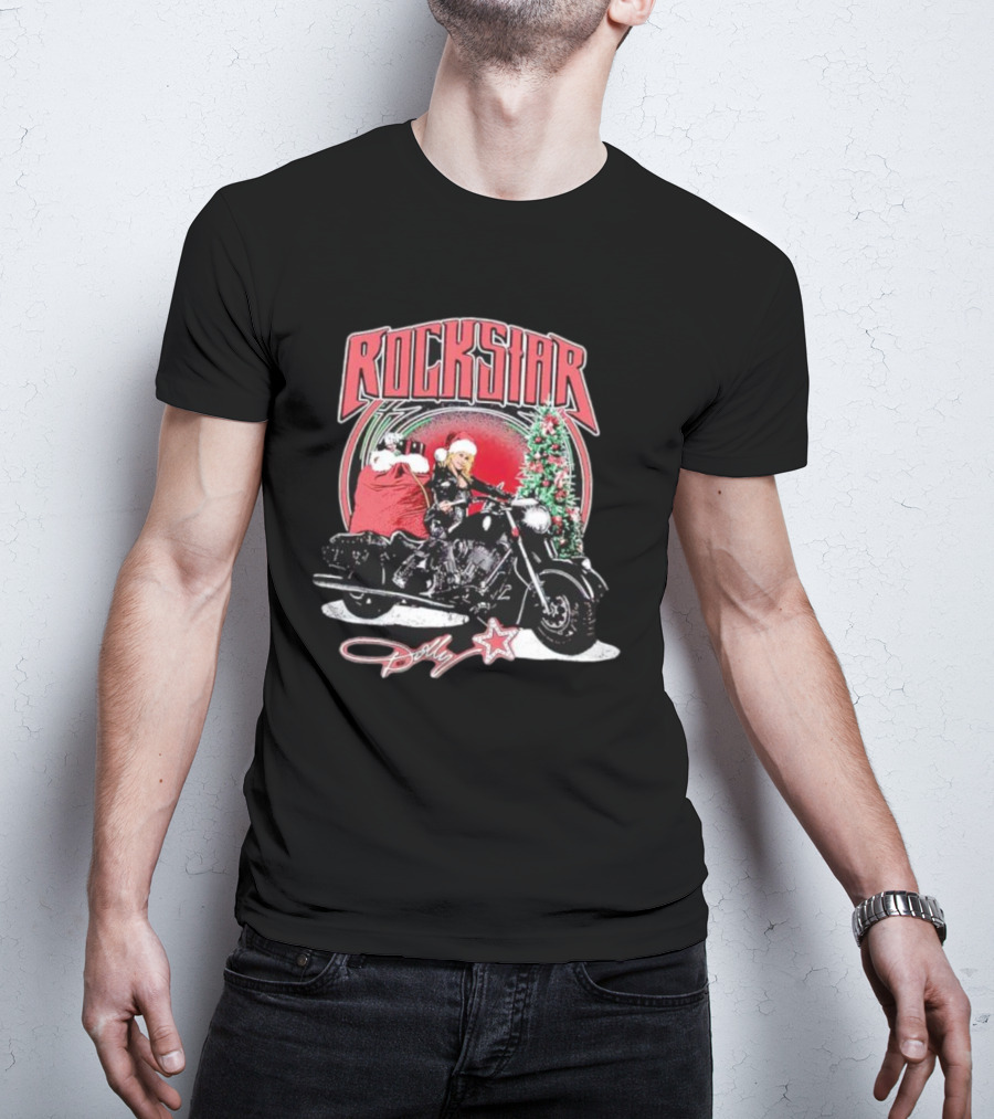 Rockstar Dolly Christmas Motorcycle Santa Hat T-Shirt