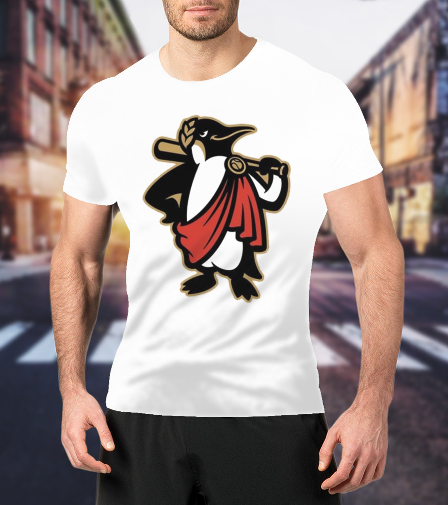 Rome Emperors Penguin In Red Toga With Baseball Bat And Laurel Wreath T-Shirt