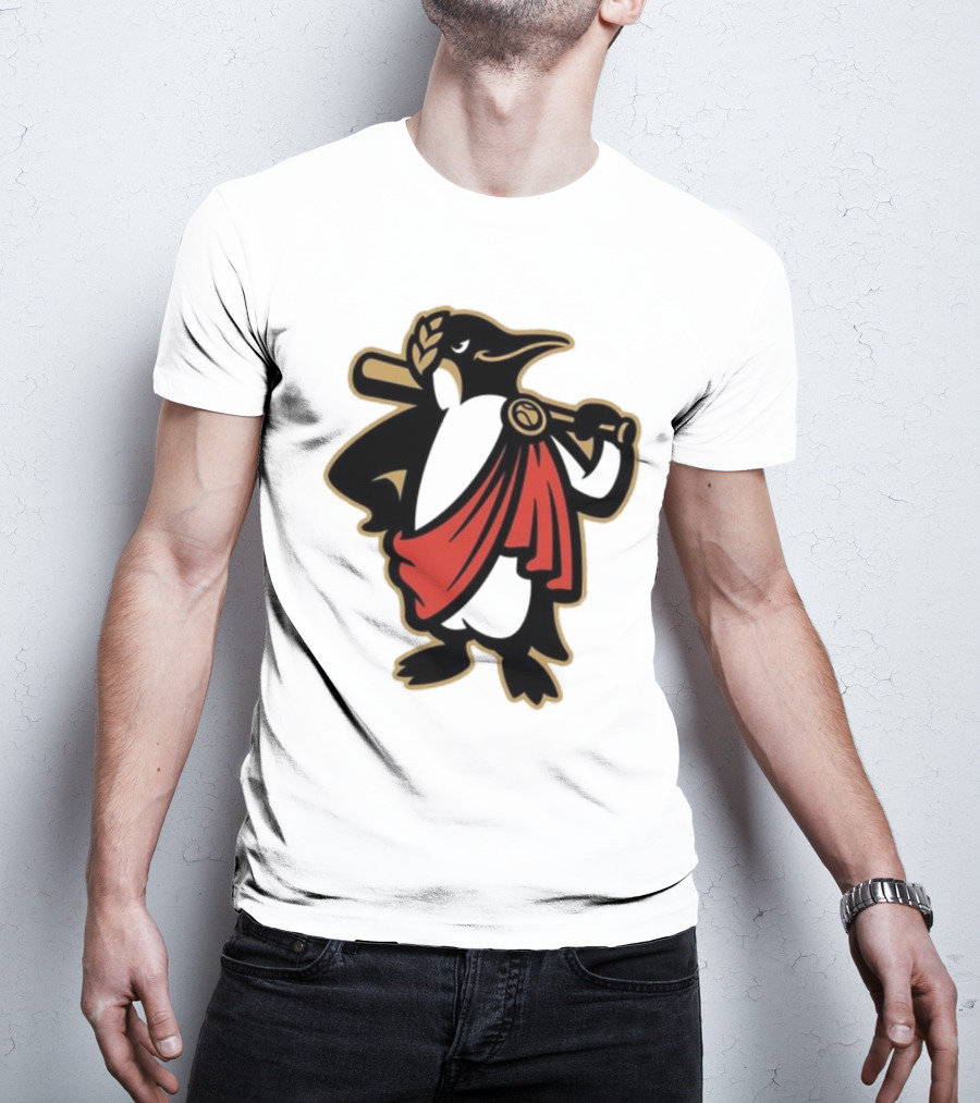 Rome Emperors Penguin In Red Toga With Baseball Bat And Laurel Wreath T-Shirt