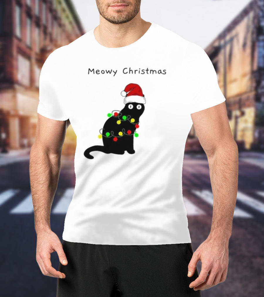 Meowy Christmas Santa Cat With Lights T-Shirt