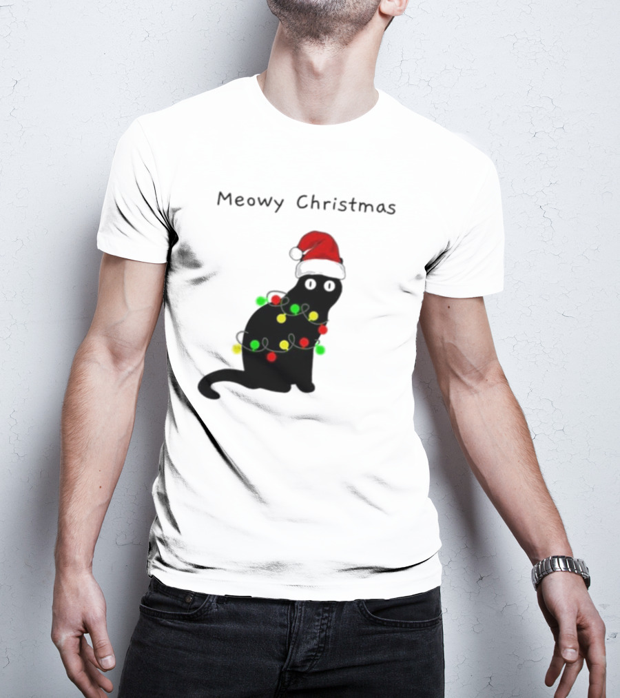 Meowy Christmas Santa Cat With Lights T-Shirt