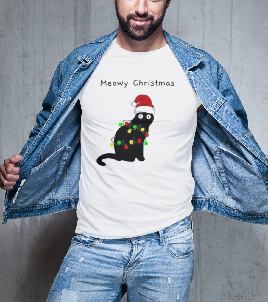 Meowy Christmas Santa Cat With Lights T-Shirt