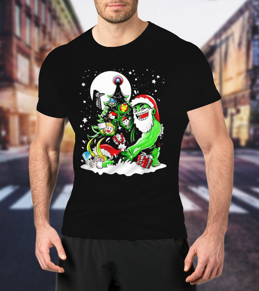 The Avengers Marvel Characters Christmas Tree With Hulk Santa And Superhero Ornaments T-Shirt