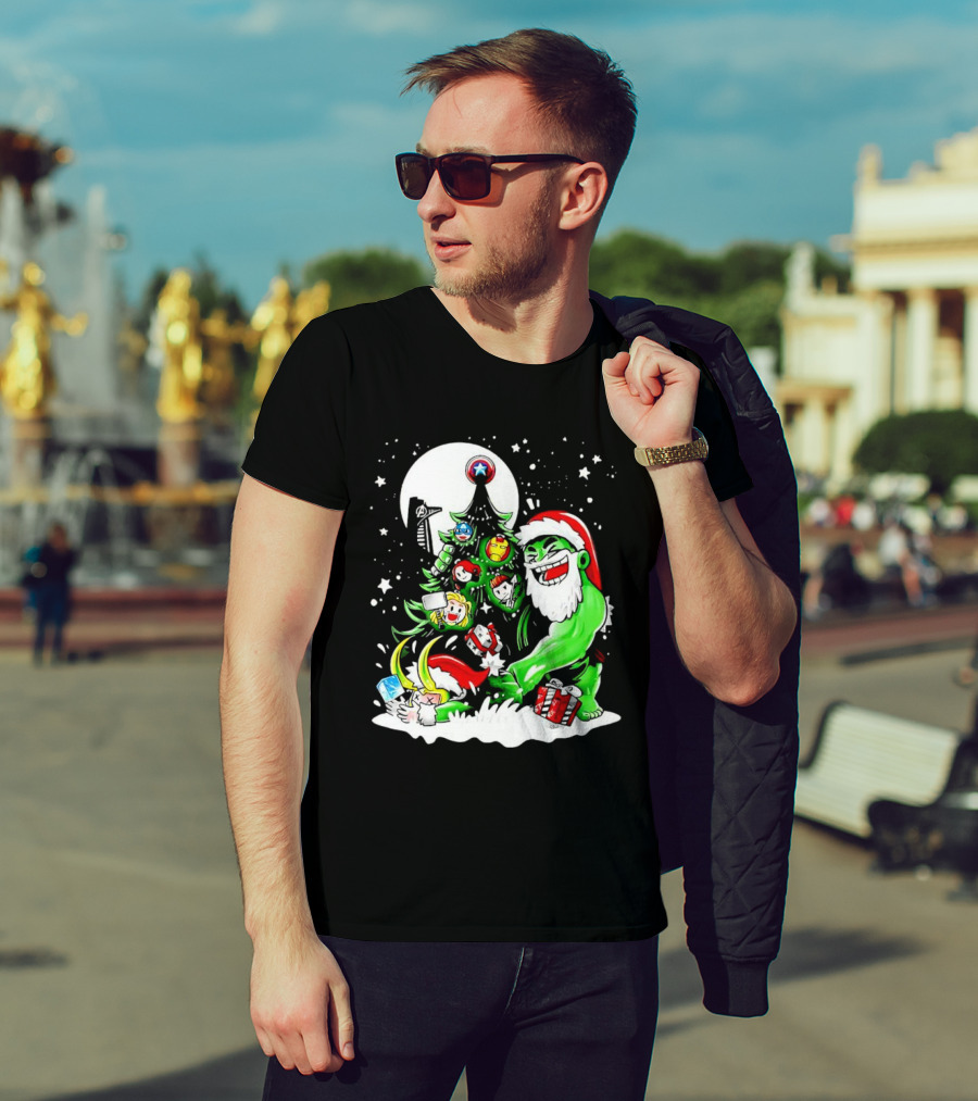 The Avengers Marvel Characters Christmas Tree With Hulk Santa And Superhero Ornaments T-Shirt