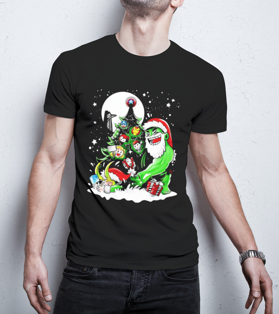 The Avengers Marvel Characters Christmas Tree With Hulk Santa And Superhero Ornaments T-Shirt