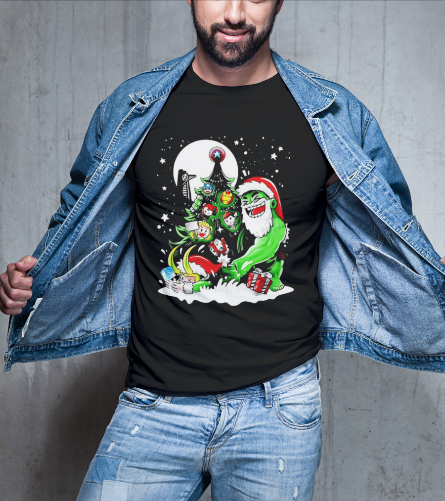 The Avengers Marvel Characters Christmas Tree With Hulk Santa And Superhero Ornaments T-Shirt