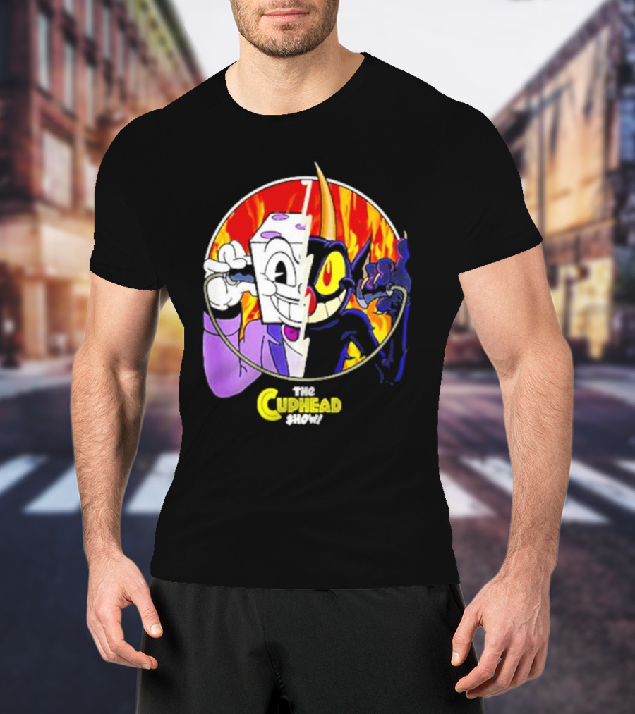 The Cuphead Show King Dice Devil Iconic Faces Fiery Background T-Shirt