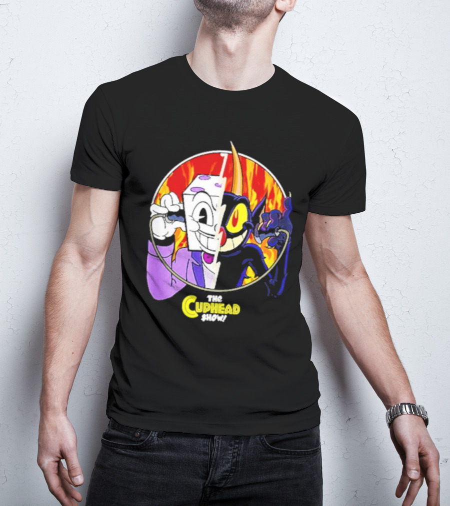 The Cuphead Show King Dice Devil Iconic Faces Fiery Background T-Shirt