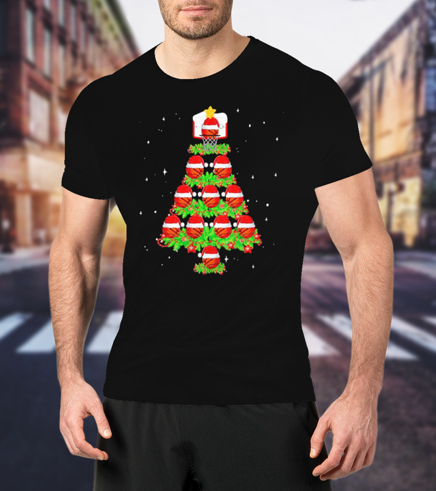 Basketball Hoops And Santa Hats Christmas Tree T-Shirt