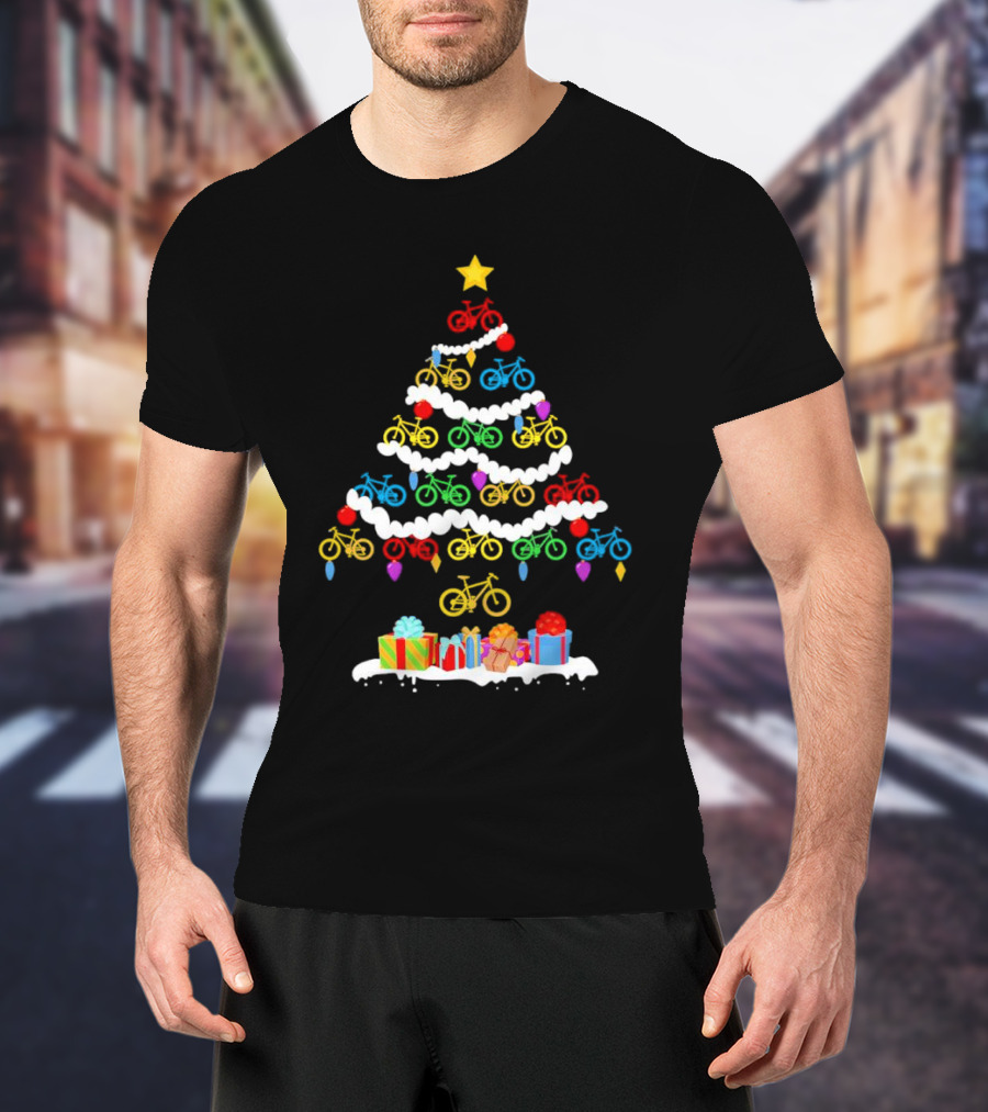 Colorful Bicycle Christmas Tree With Star And Presents T-Shirt
