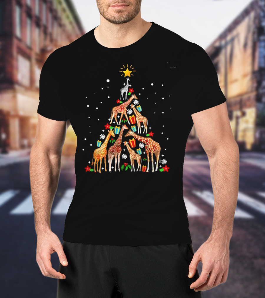 Giraffe Christmas Tree Star Presents Snowflakes T-Shirt