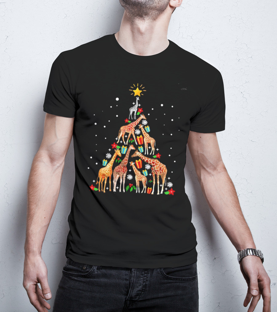 Giraffe Christmas Tree Star Presents Snowflakes T-Shirt