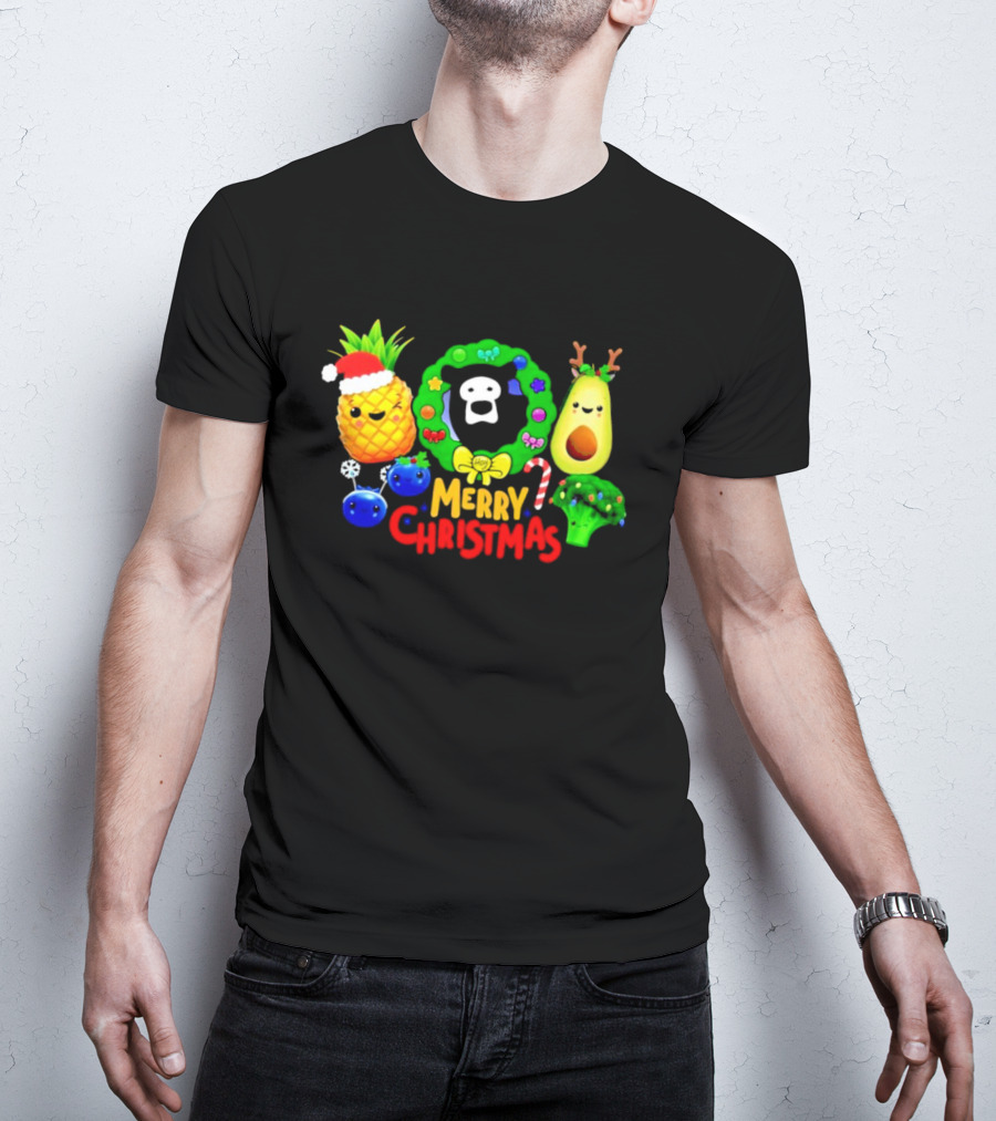 Hey Bear Sensory Merry Christmas Pineapple Avocado Broccoli Wreath T-Shirt
