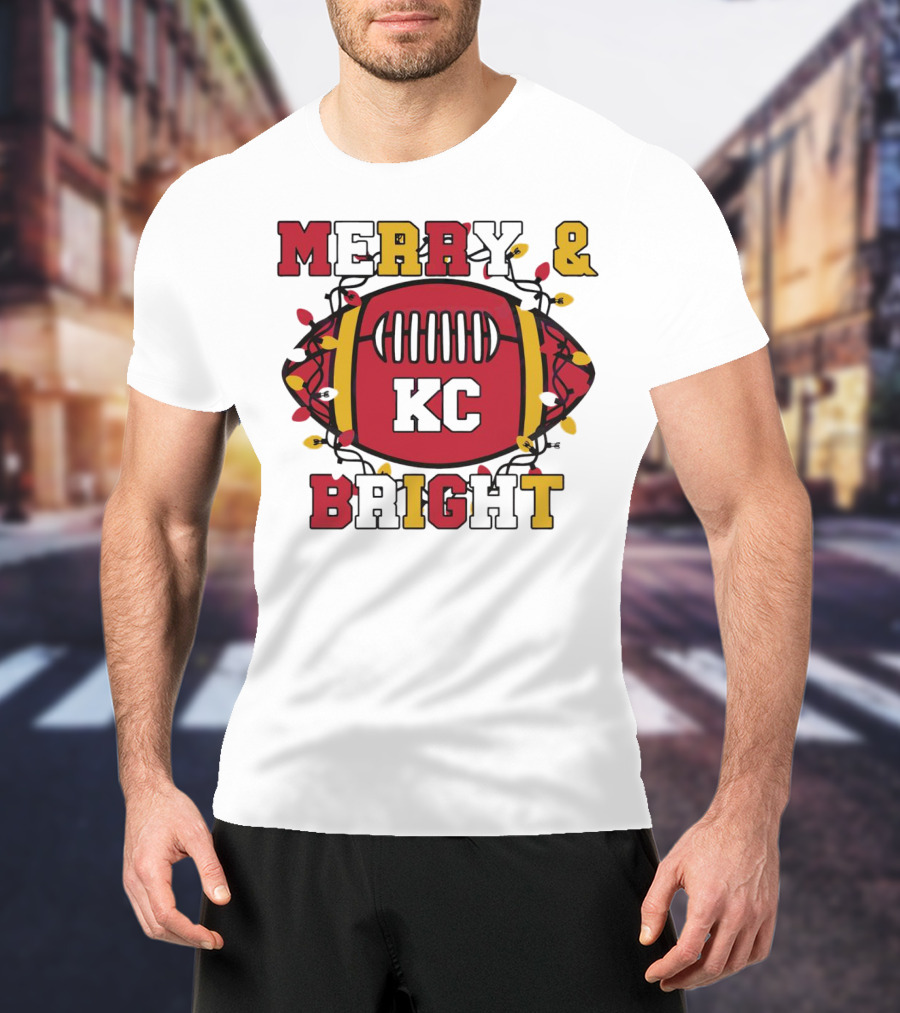 Kansas City Chiefs Merry And Bright Christmas KC Football Lights T-Shirt
