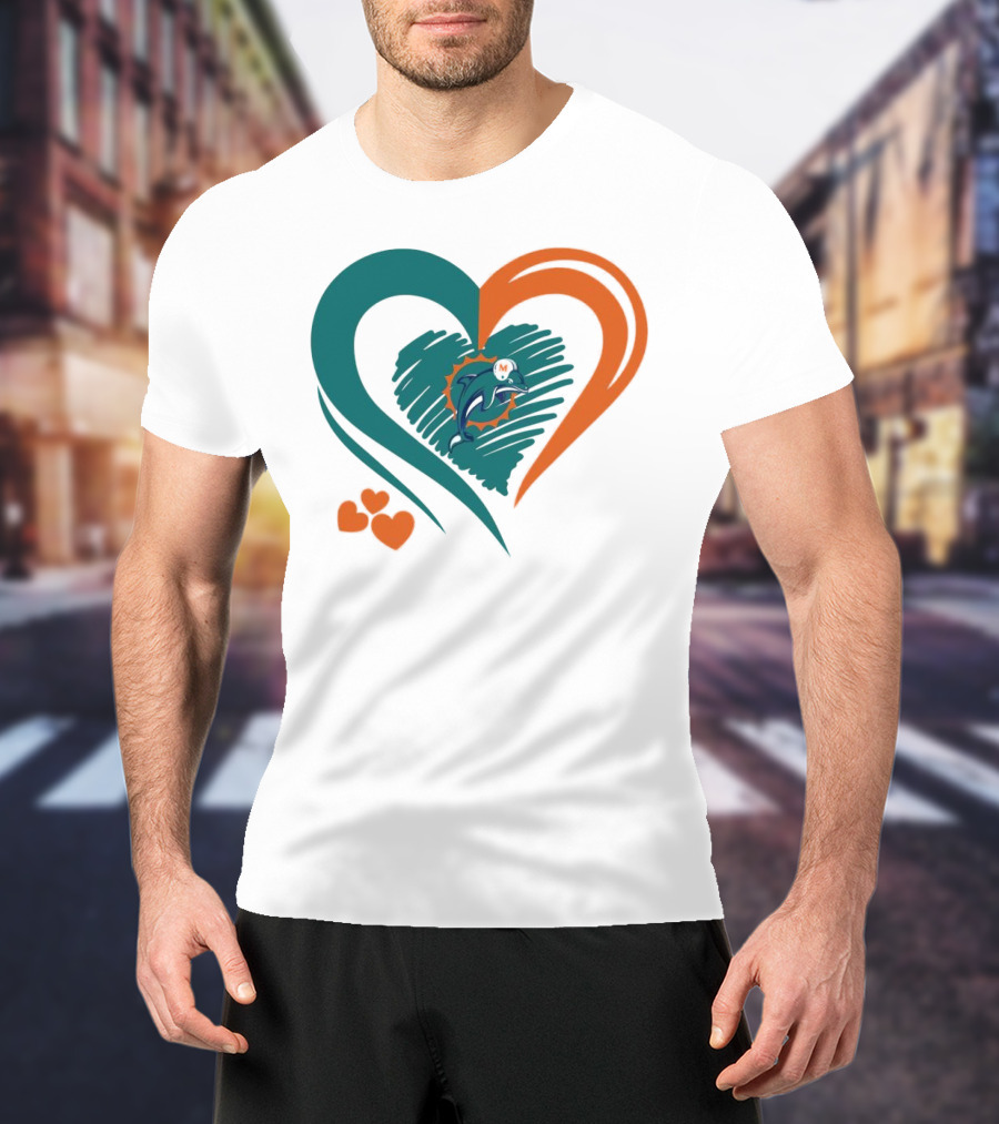 Miami Dolphins Heart Shape Emblem With Three Small Hearts T-Shirt