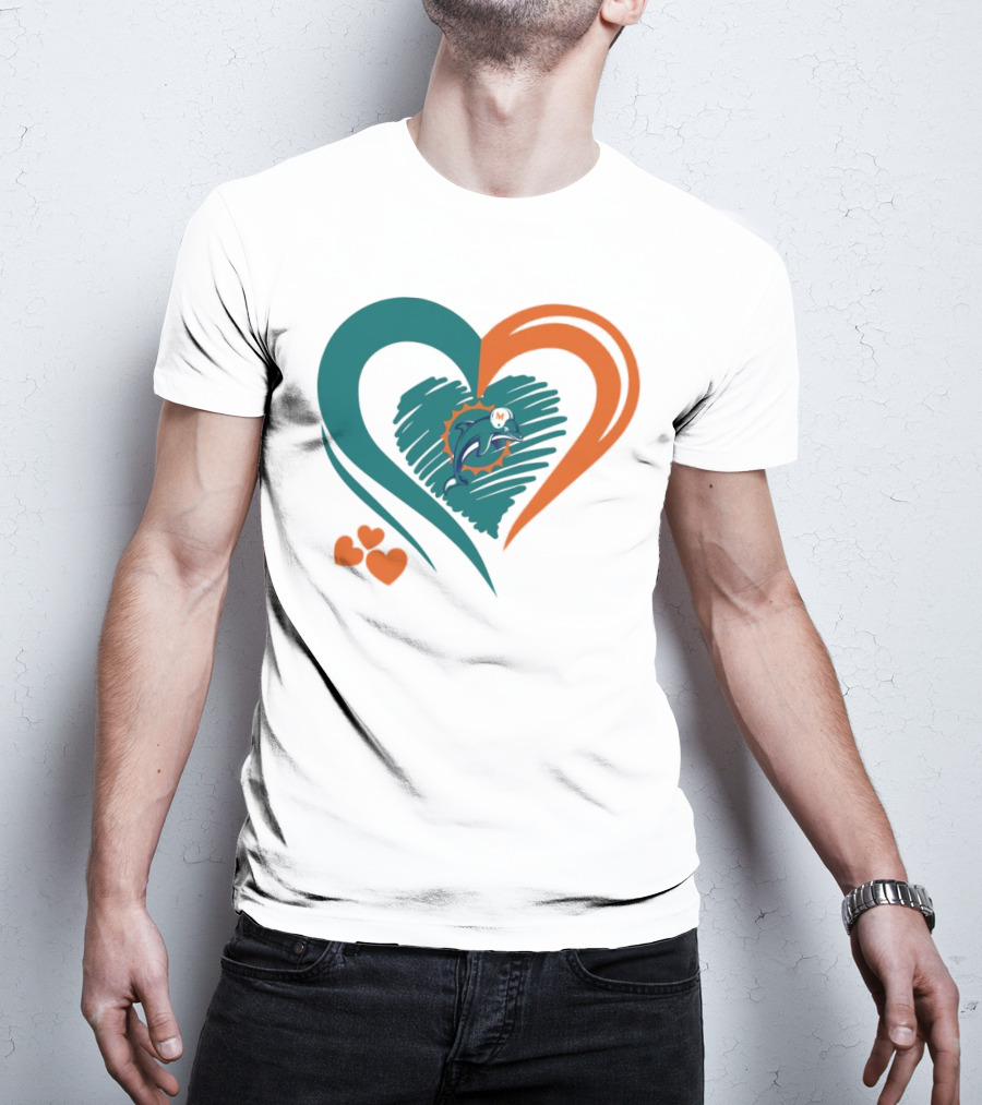 Miami Dolphins Heart Shape Emblem With Three Small Hearts T-Shirt