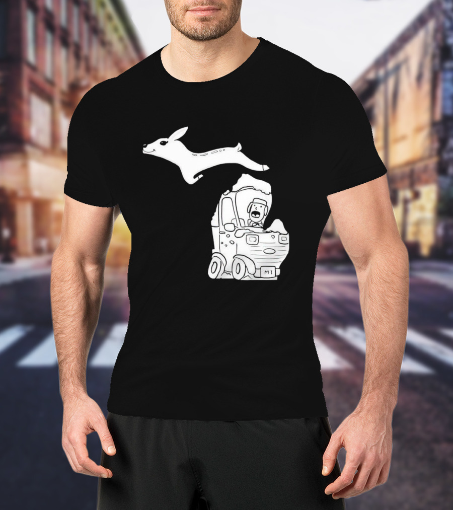 Michigan Deer Leaping Over Snowy Car With Driver T-Shirt