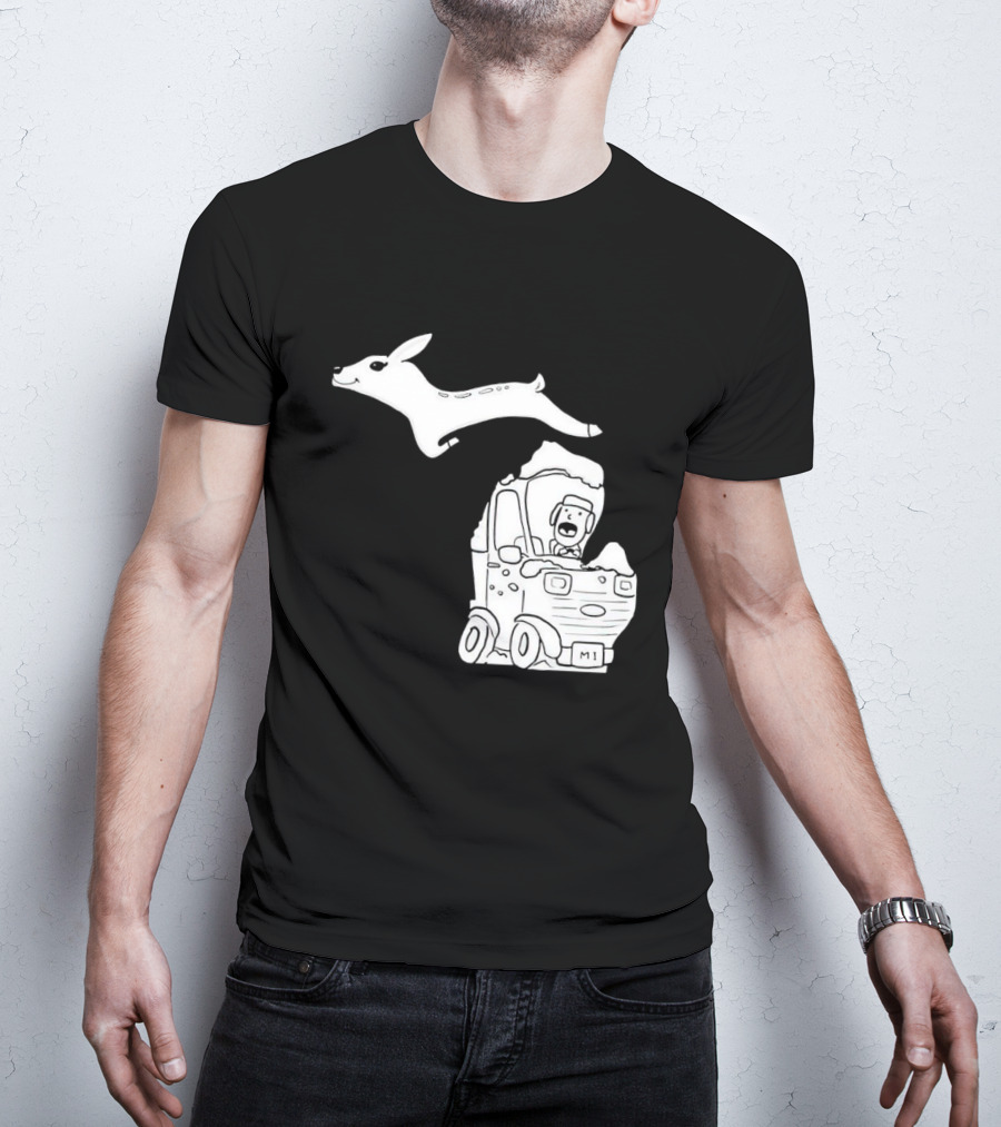 Michigan Deer Leaping Over Snowy Car With Driver T-Shirt