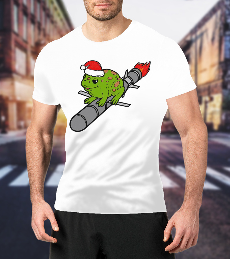 Missile Toad Christmas Frog With Santa Hat Riding A Rocket T-Shirt