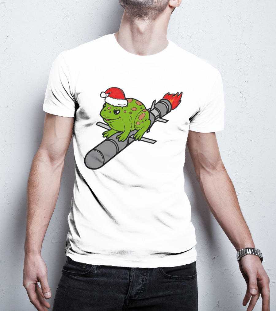 Missile Toad Christmas Frog With Santa Hat Riding A Rocket T-Shirt