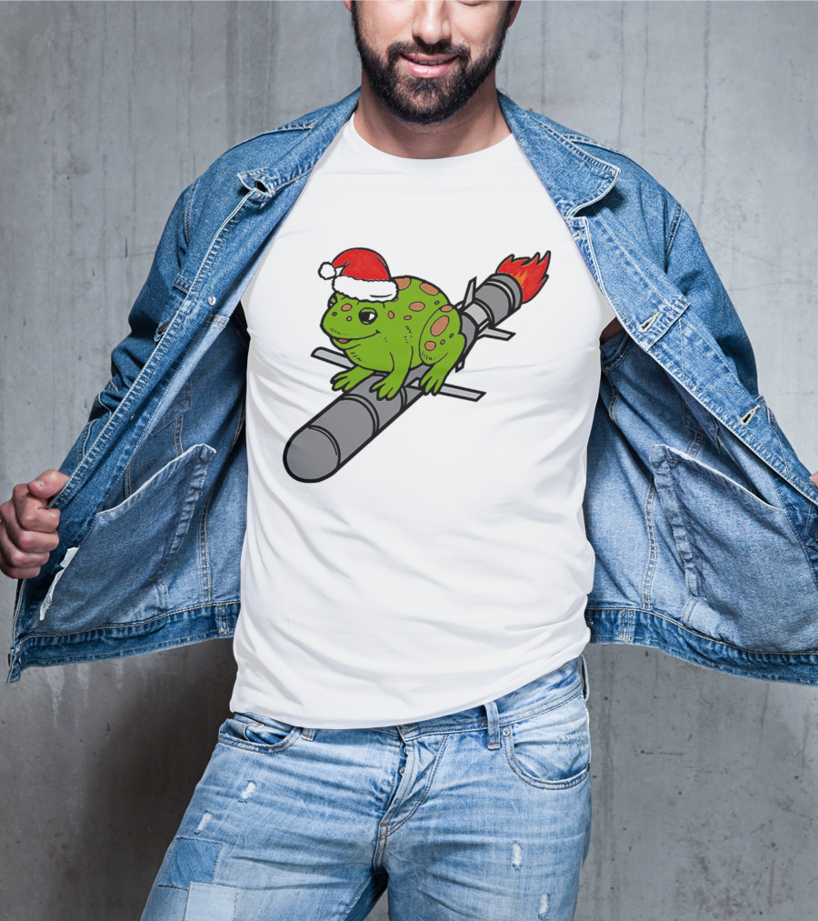 Missile Toad Christmas Frog With Santa Hat Riding A Rocket T-Shirt