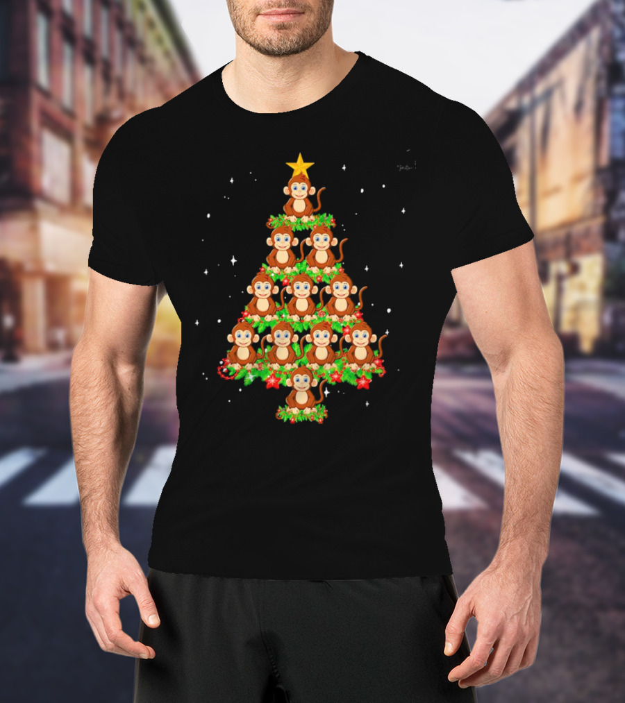 Monkey Christmas Tree Star Top Holiday Decor T-Shirt