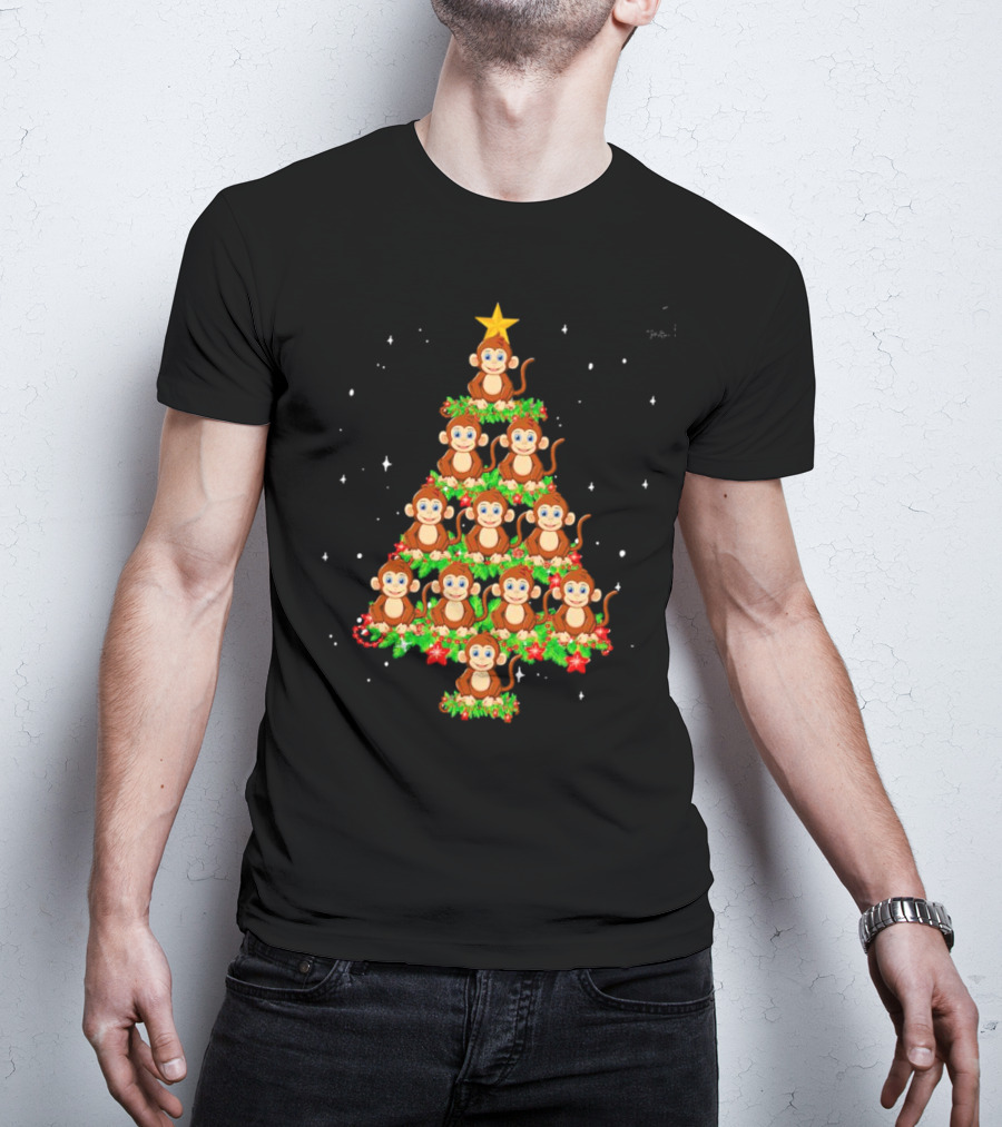 Monkey Christmas Tree Star Top Holiday Decor T-Shirt