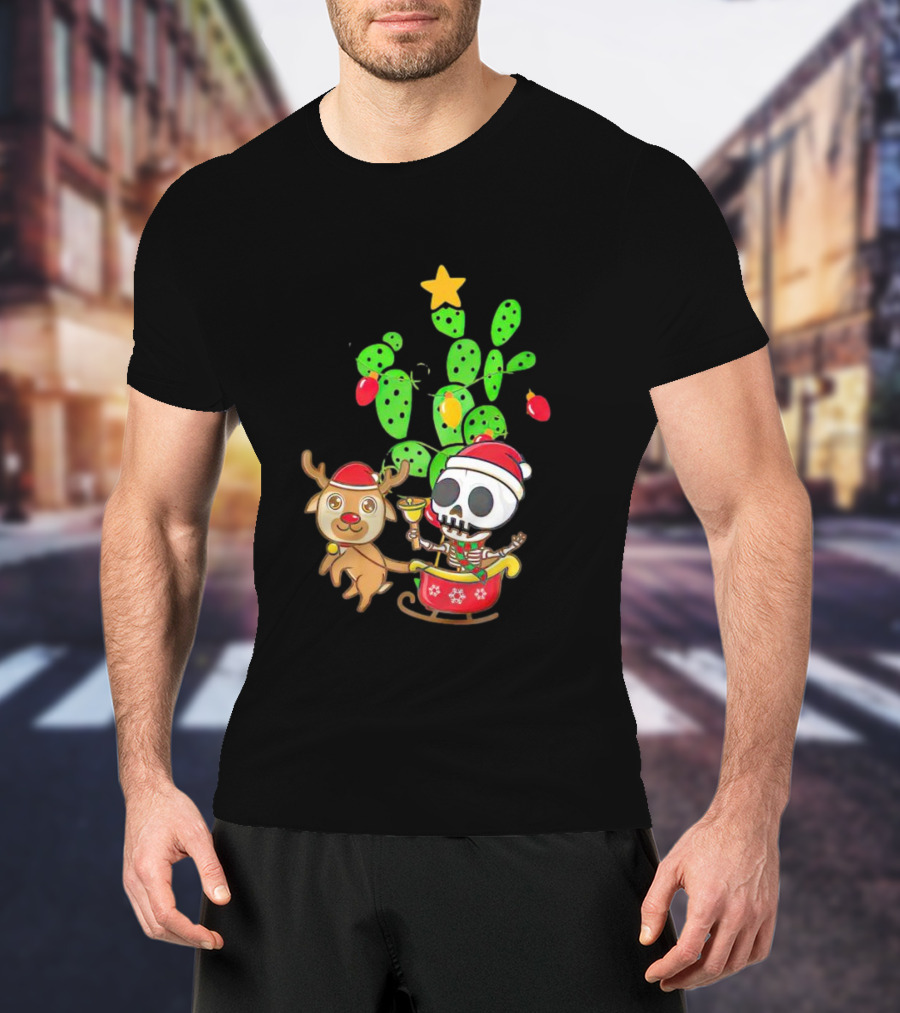 Nopalito Calacas Feliz Navidad Cactus Skeleton Reindeer Christmas T-Shirt