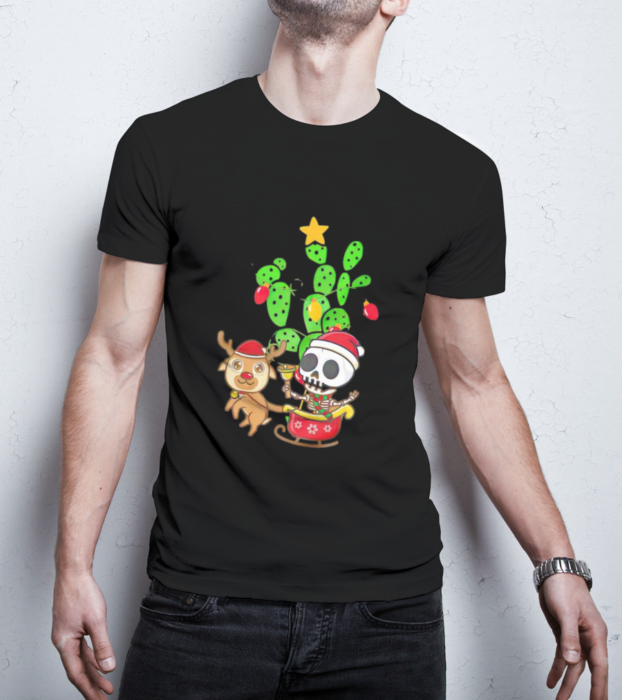 Nopalito Calacas Feliz Navidad Cactus Skeleton Reindeer Christmas T-Shirt