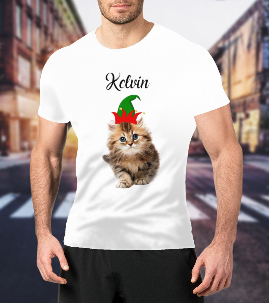 Kelvin Cat Wearing Elf Hat Merry Christmas Custom Name T-Shirt