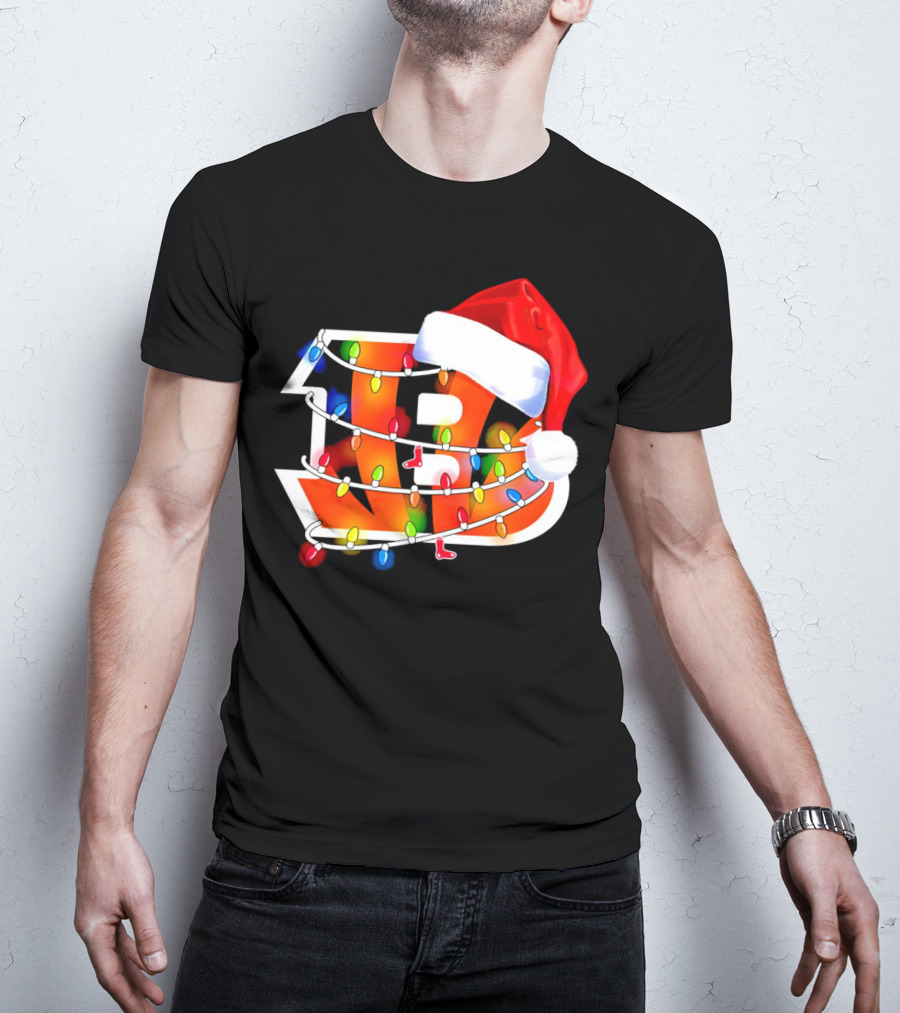 Cincinnati Bengals Christmas Lights Santa Hat Logo Holiday Football T-Shirt