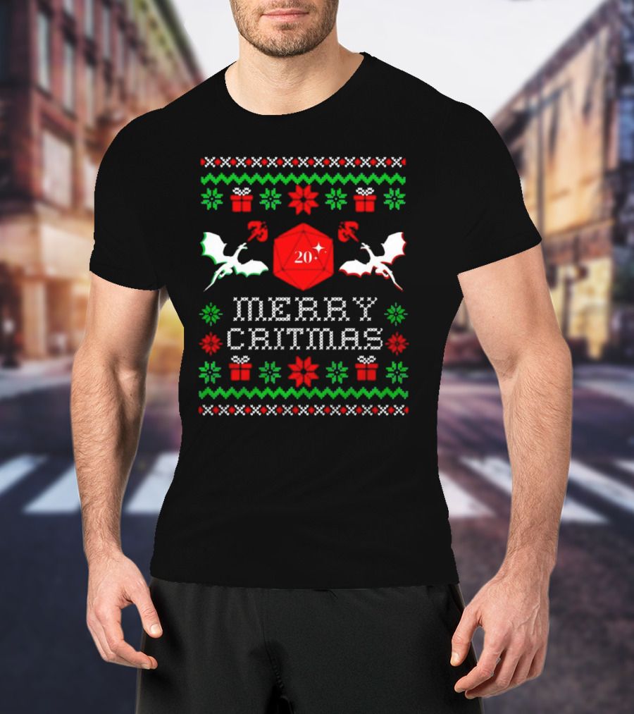Merry Critmas Christmas Dragons With D20 Dice And Festive Decorations T-Shirt