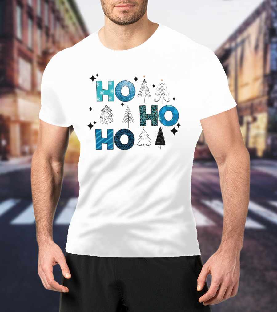 Hohoho Christmas Blue Patterns With Trees And Stars T-Shirt