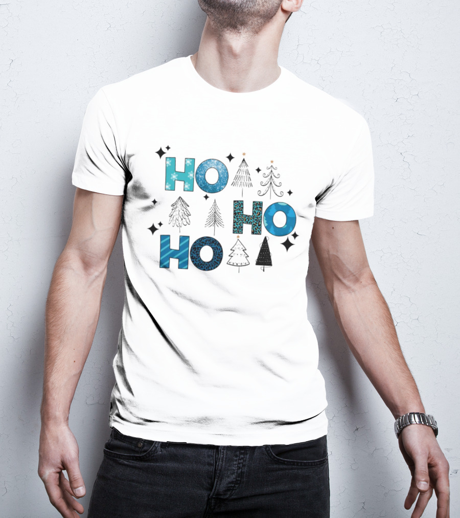 Hohoho Christmas Blue Patterns With Trees And Stars T-Shirt
