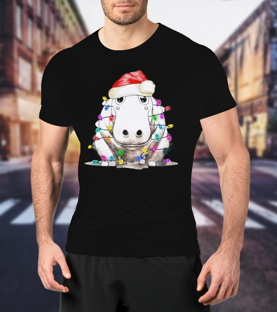 Santa Hippo Wrapped In Christmas Lights With Santa Hat T-Shirt