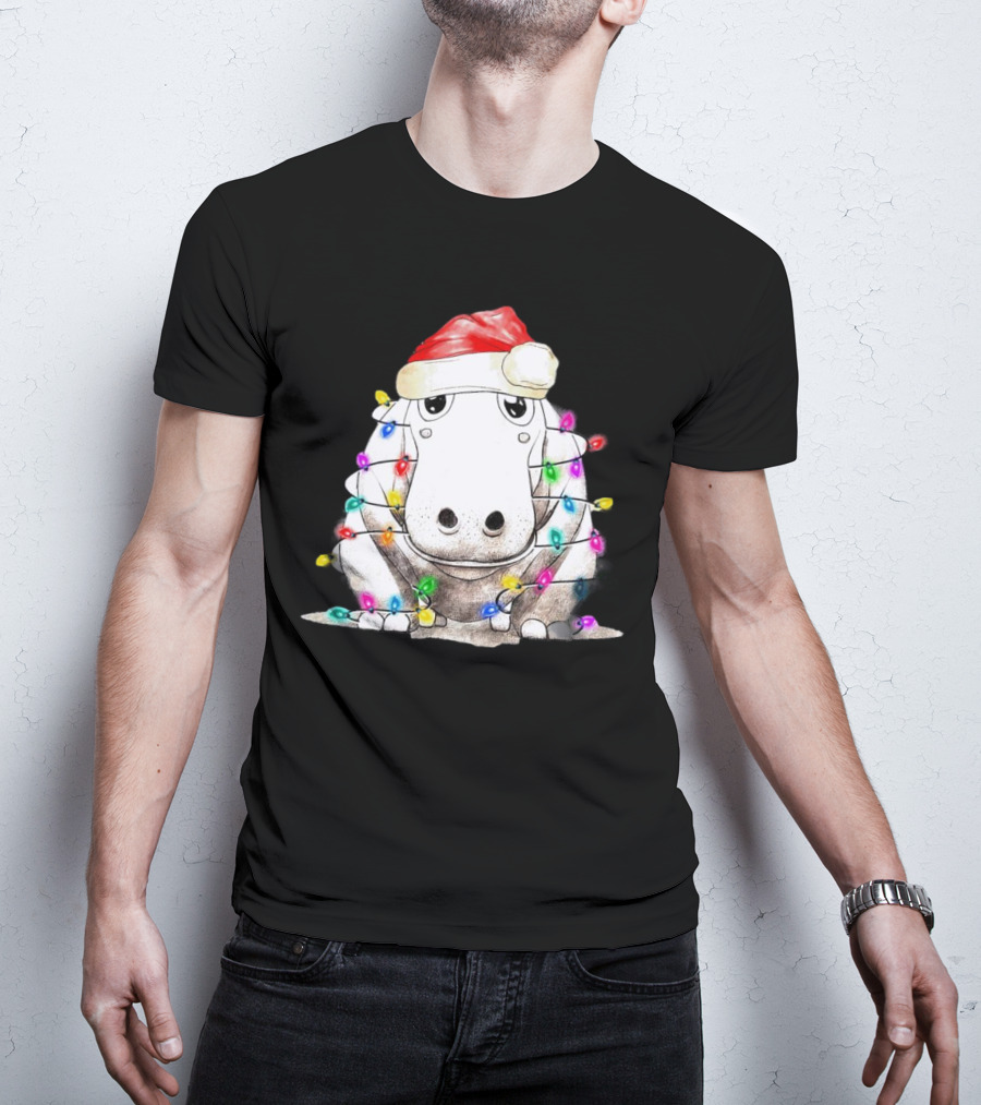 Santa Hippo Wrapped In Christmas Lights With Santa Hat T-Shirt