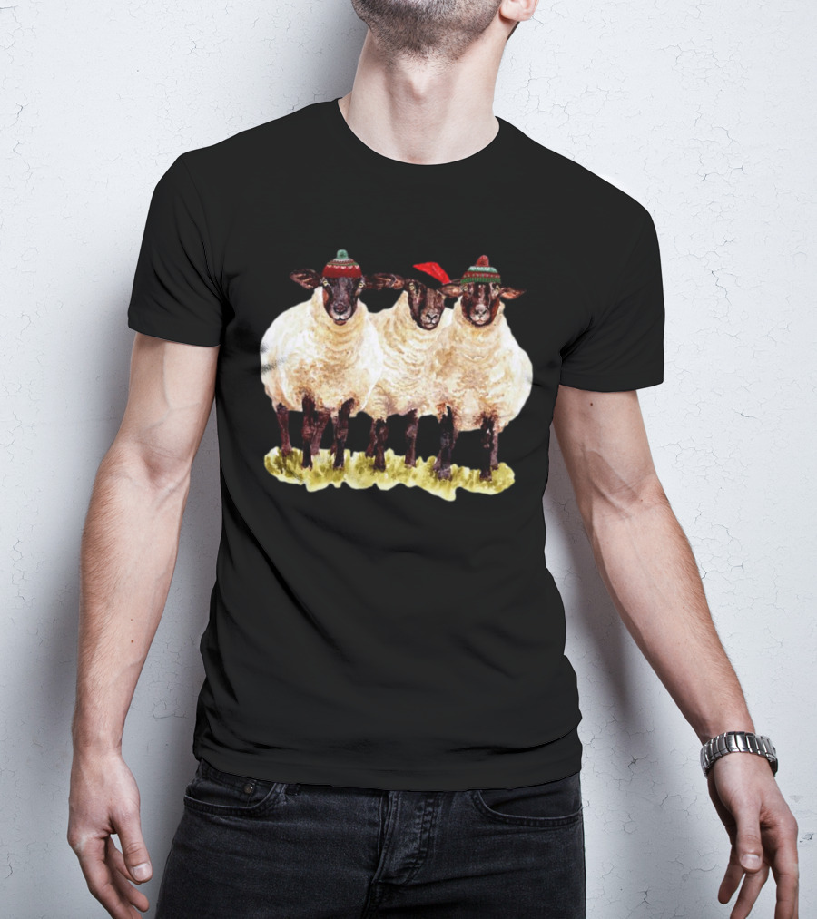 Merry Christmas Santa Sheep Trio With Festive Hats T-Shirt
